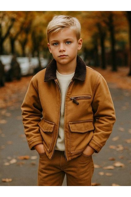 Boy's Cotton Corded Fabric Collar Detailed Lined Pocket Transitional Jacket