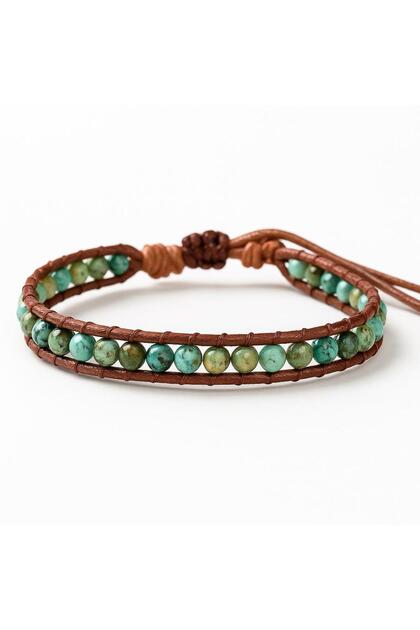 Bohemian Style Natural Stone Handmade Leather Bracelet Green Jasper Beads Adjustable Unisex