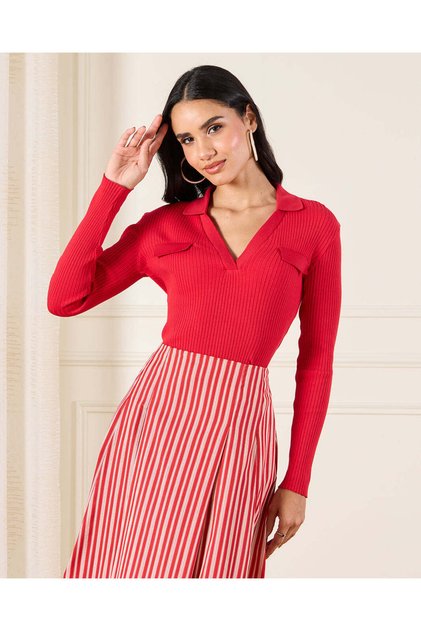 Women Red Rib Polo Top