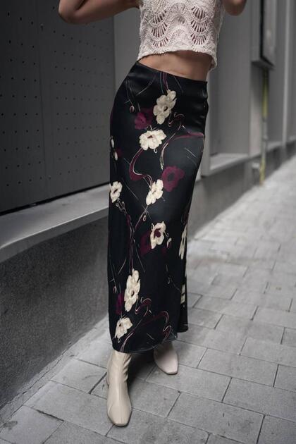 Women's Satin Skirt A-Cut Patterned Imported Fabric