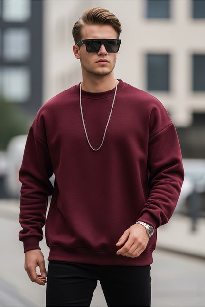 Erkek Bisiklet Yaka Salaş Bordo Sweatshirt