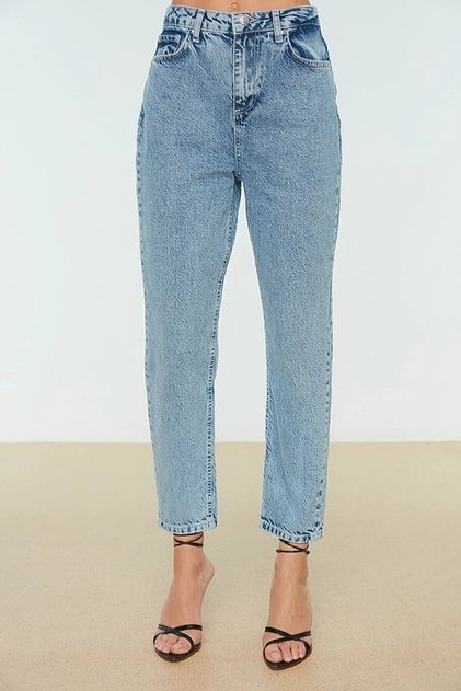 Bt13302938 Women's High Waist Blue Snow Wash Stretch Fabric Mom Jeans Pants