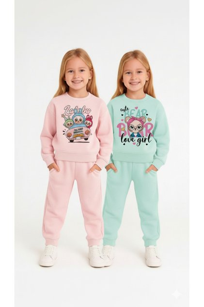 Girl's Printed Winter Fleece-Lined Sweatshirt / Tracksuit Set
