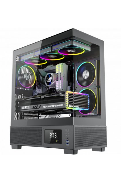 Кутия ProGaming Kian, Миди тауър ATX, Без захранване, 6 ARGB вентилатора, Дигитален дисплей, Черен