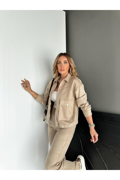 Stone Zippered Suede Sports Jacket