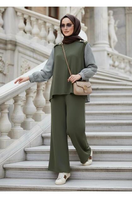 Maribel Double Hijab Set – Green with Striped Shirt Detail