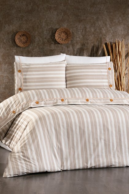 Valentia 100% Cotton, Wooden Buttoned, Striped Fabric 6 Piece Premium Double Duvet Cover Set