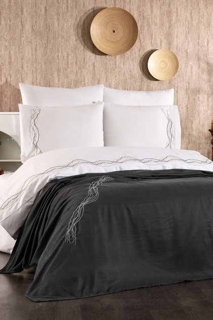 Marbelle 100% Cotton Marble Pattern Embroidered, Pique Bedspread Covered 7-Piece Double Duvet Cover Set
