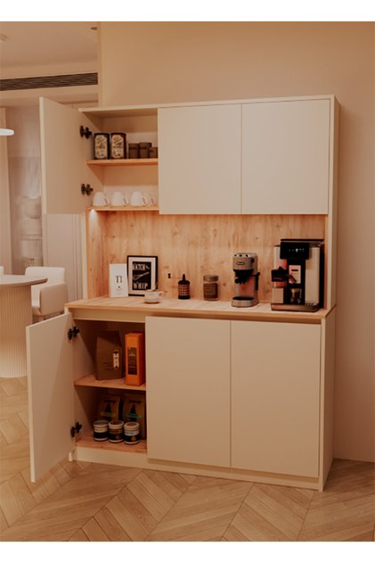 Luna Kahve Köşesi – 135 cm Çok Amaçlı dolap – Gömme LED Aydınlatmalı – MDF – Krem, Meşe