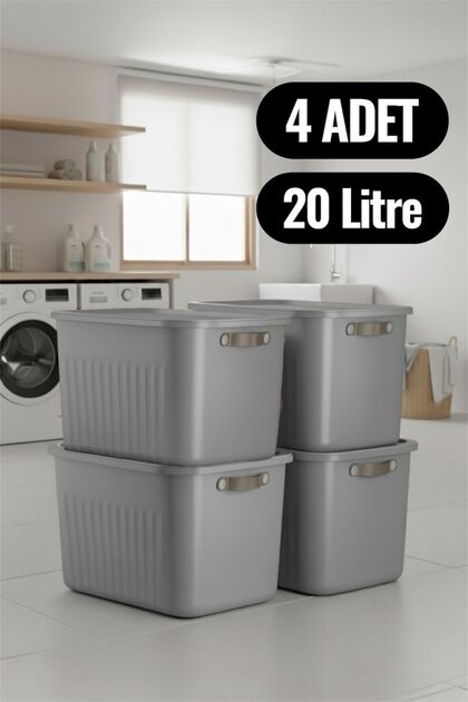 Bayev 4 Adet Gri 20 Lt Boxsis Set Mega Boy Çok Amaçlı Kapaklı Kutu