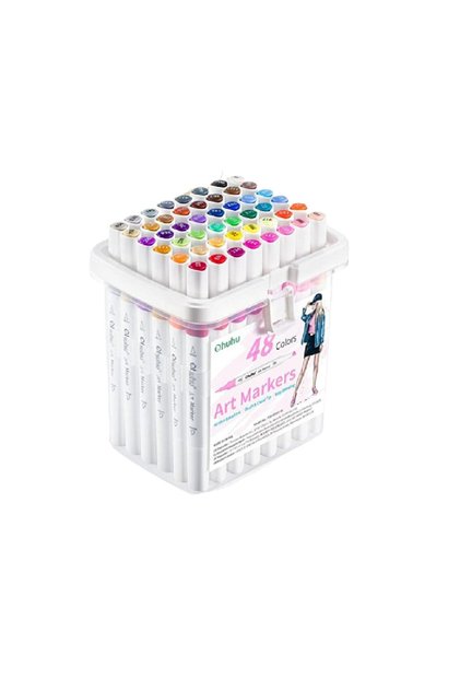 Set 48 Markere, pe bază de alcool, cu vârfuri duble (pensulă și daltă), multicolor