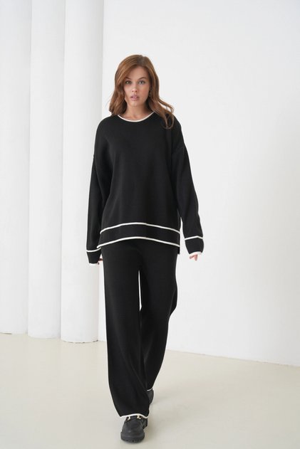 Women's Black Crew Neck Oversized Sweater Pants Knitwear Bottom-Top Set