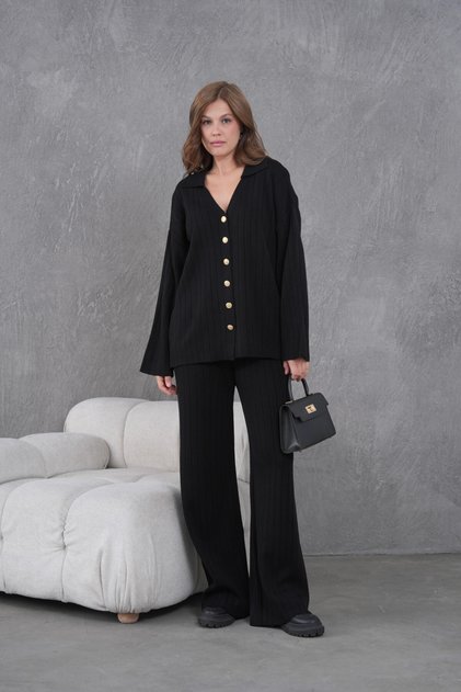 Women's Black Self-Textured Buttoned Sweater Pants Knitwear Bottom-Top Set