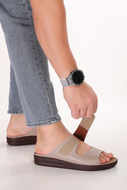 Men's Genuine Leather Slippers with Removable Sole and Special Velcro Rl.5302 Mink
