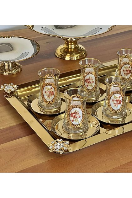 13 Piece Steel Gold Tray with Brooches, Gilded Patterned Cup with Gold Metal Plate Tea Set Tea Set