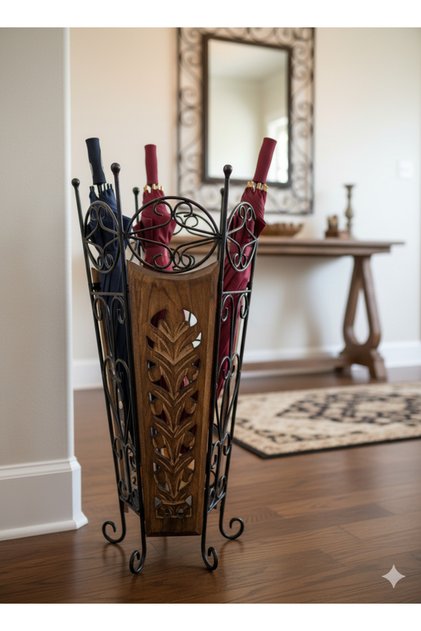 Authentic Hand Carved Wooden Wrought Iron Umbrella Stand - Decorative Entrance and Entry Accessory 55cm