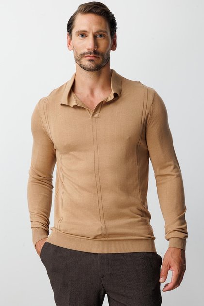 Dark Beige Standard Fit Slim Fit Polo Collar Plain Long Sleeve Knitwear