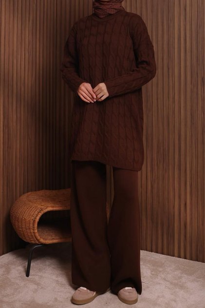 Women's Oversized Hair Braid Pattern Trouser Hijab Knitwear Set 3116