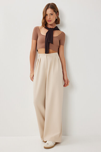 Pleated Woven Palazzo Pants Ldw0009 Cream