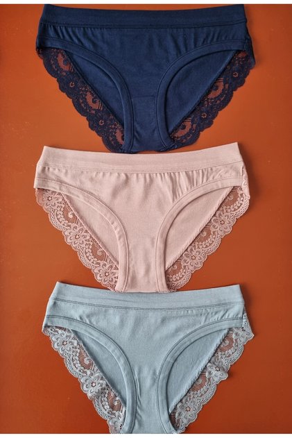 Lacy and Piped Detail 3-Piece Modal Women's Bikini Panties in Navy, Powder, and Blue Colors
