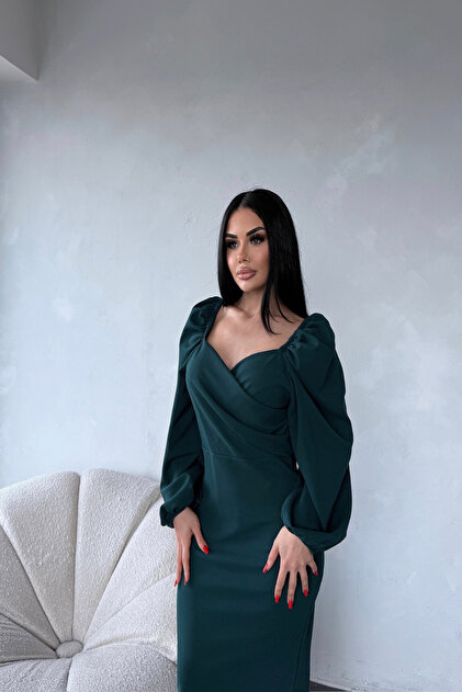 LLA STANBUL Sweetheart Neckline Princess Sleeve Detailed Emerald Green  Dress- Trendyol