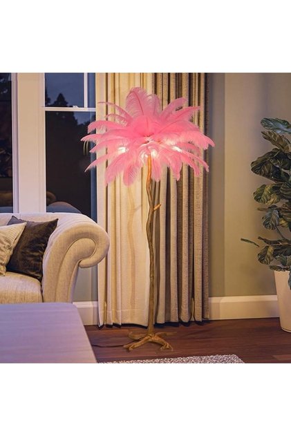 Lampă de podea cu pene de struț, 120 cm, roz flamingo, picior auriu, 3 becuri E14 incluse