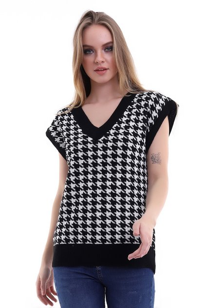 Kadın Süveter Kazayağı Desen Siyah Krem Triko V-neck Houndstooth Sweater Vest