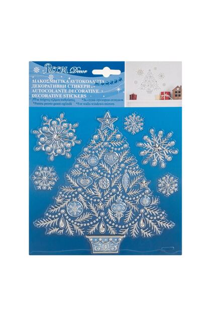 Autocolante Decorative de Craciun Brad Fulgi Argintii Bleu 18x23cm