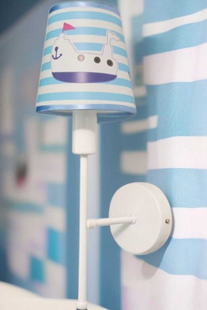Polen Single White Painted Children's Room Wall Lamp (with Blue Conical Lamp Shade)