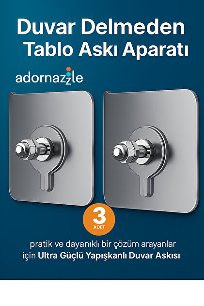 Duvar Delmeden Tablo Askı Aparatı, Yapışkanlı Çivi, Eşyalar İçin Pratik Montaj 3 Adet