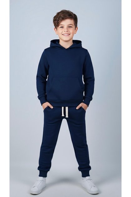 Unisex 100% Cotton Hooded Dark Blue Bottom Top Sports Double Tracksuit Set