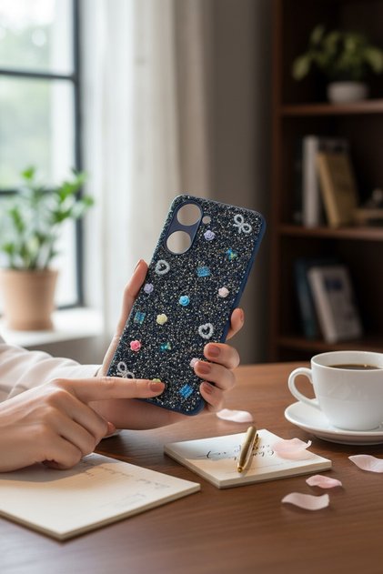 Vivo Y18 Fiyonk Kalp Desenli Kırçıllı Taşlı BTU Silikon Kapak