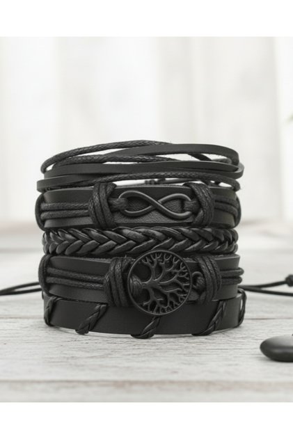 5-Piece Leather Bracelet Infinity and Tree of Life Genuine Leather Bracelet with Black Figure Fashion Bracelet