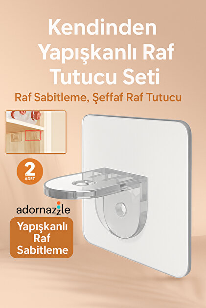 2 Adet Kendinden Yapışkanlı Raf Tutucu Seti, Raf Sabitleme, Şeffaf Raf Tutucu