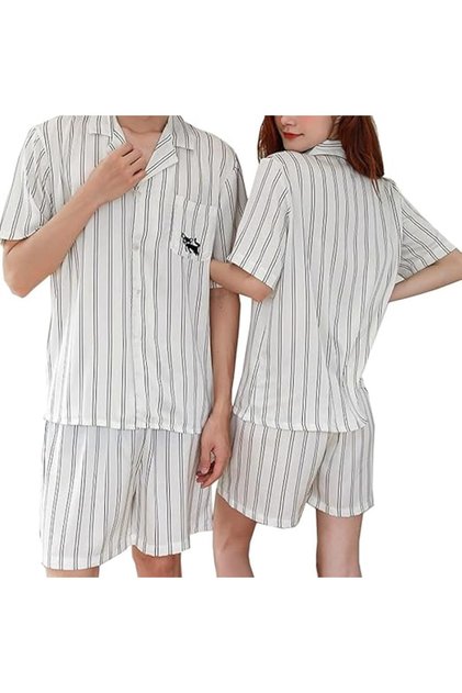Couples Matching Pajamas Stripe Silk Short Sleeve Sleepwear Satin Soft Embroidery Cartoon Pa MG09