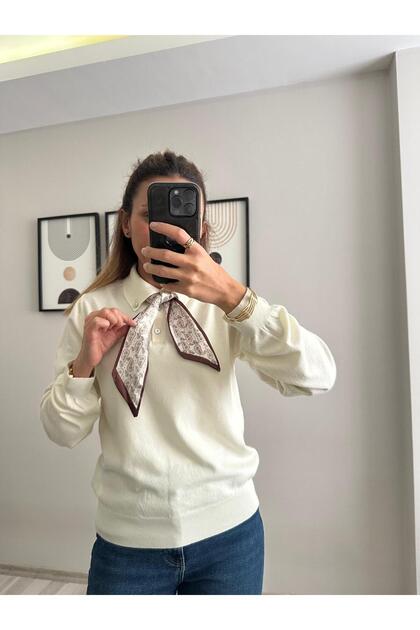 Soft Textured - Satin Scarf - Polo Neck Knit Long Sleeve Sweater