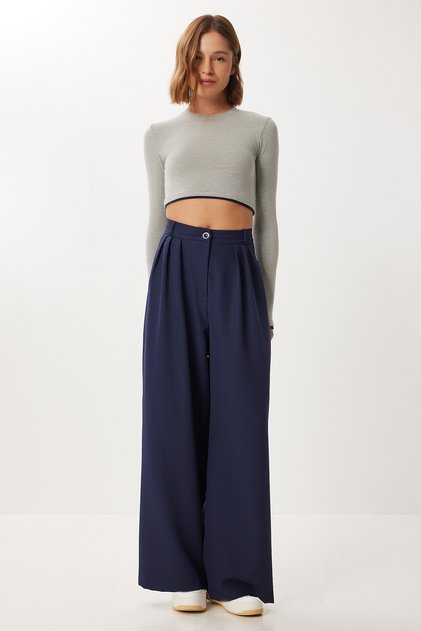 Pleated Woven Palazzo Pants Ldw0009 Dark Blue