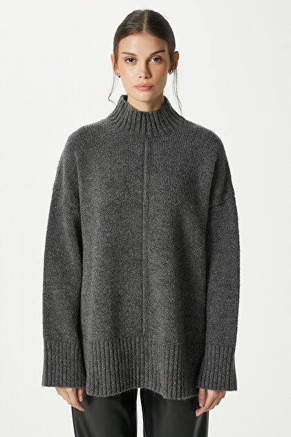Women's Wonder Soft Mock Neck Anthracite Slit Oversized Knitwear Sweater