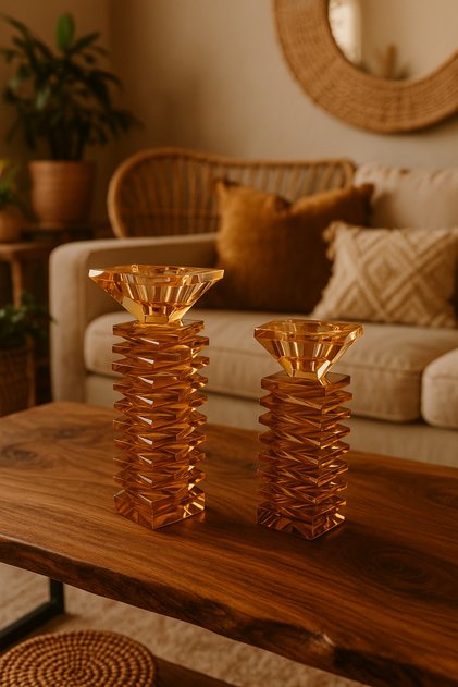 Dekoratif Kristal Cam İkili Kare Şamdan Amber(Bal)