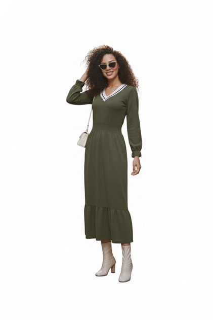Women's Long Sleeve Knitwear V-Neck Wool Viscose Dress