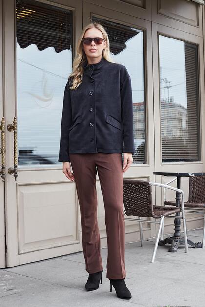 Women's Lightweight Flexible Nubuck Fabric Collared Pocketed Drop Shoulder Long Sleeve Jacket Coat-Black