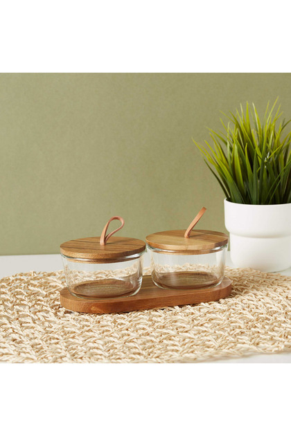 Round 2-Piece Glass Jar Set with Wooden Tray