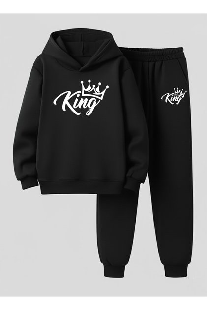 Boy's Hooded Set Ki̇ng Crown B Printed 3 Yarn Sha Fleece-Lined Weatshirt - Tracksuit Set