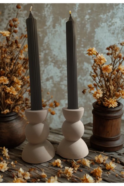 Mumlar Dahil 2' li Pinterest Model Gri Şamdanlık ve Çizgili Siyah Şamdan Mumu