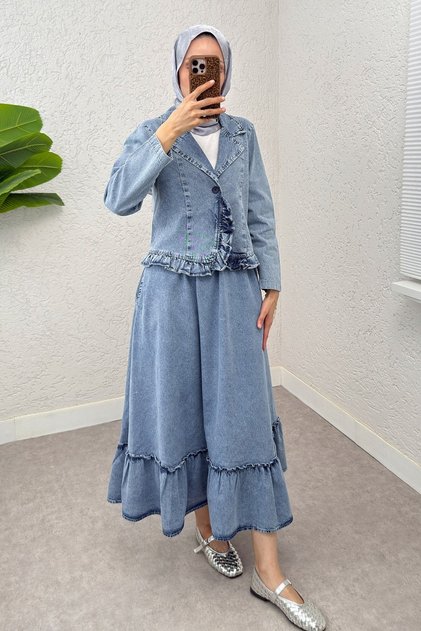 Fırfır Detaylı Beli Lastikli Denim İkili Takım