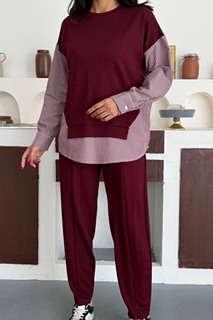Women's Striped Long-Sleeve Shirt Detailed Round Neck Sweatshirt Modal Set