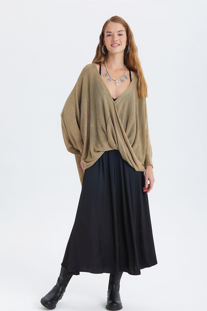 Oversize Bohem Triko Bluz Taba