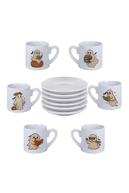 Cute Ghosts Reading Books Printed Set of 6 Porcelain White Turkish Coffee Cups