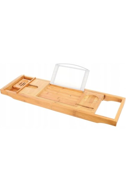 Masă extensibilă pentru cadă din bambus cu suport metalic pentru tabletă, carte și alte obiecte, 75–112 x 23
