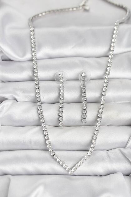 Silver Color Zircon Stone Women's Necklace Earring Set